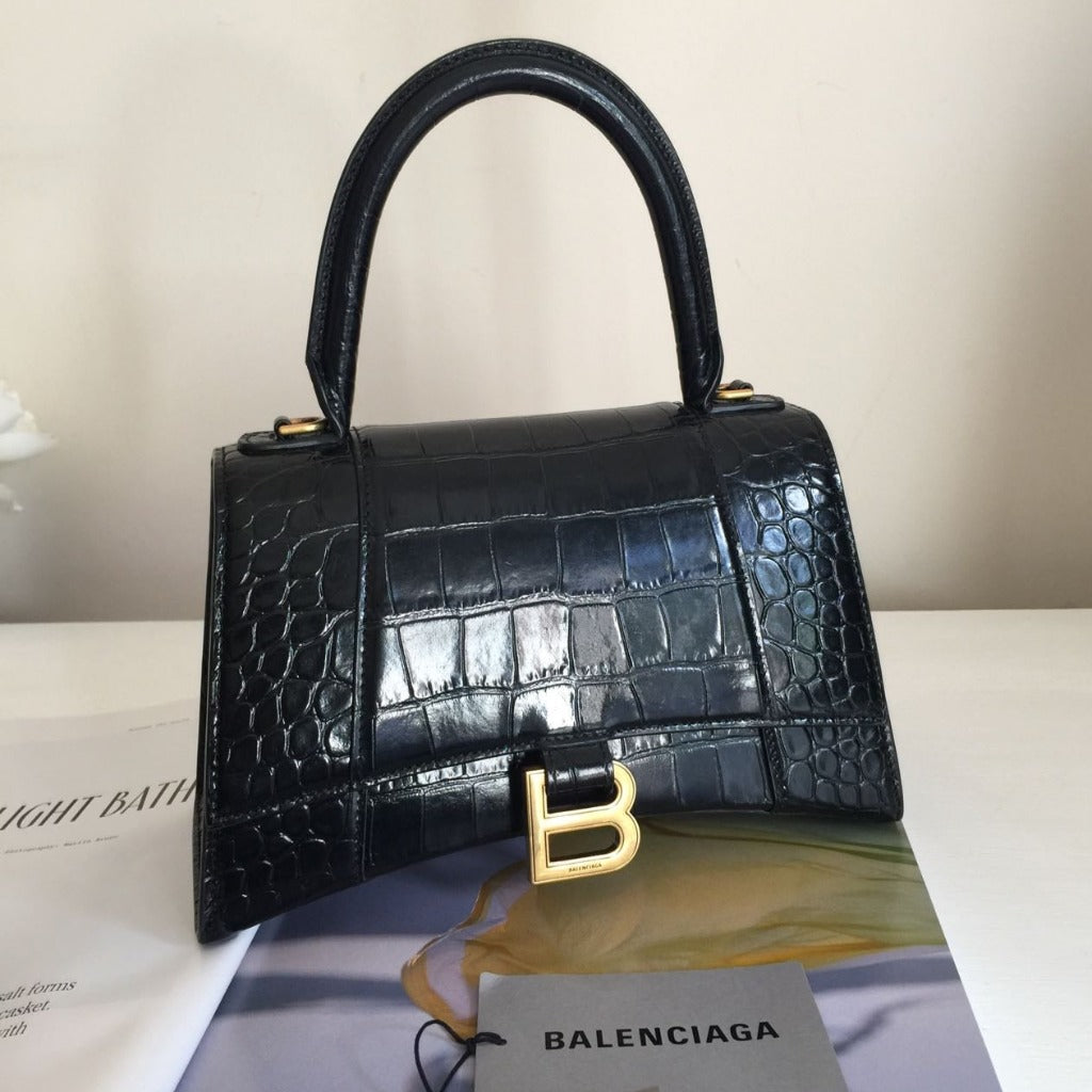 BALENCIAGA Hourglass Calfskin Crocodile Embossed Small Top Handle Bag Black