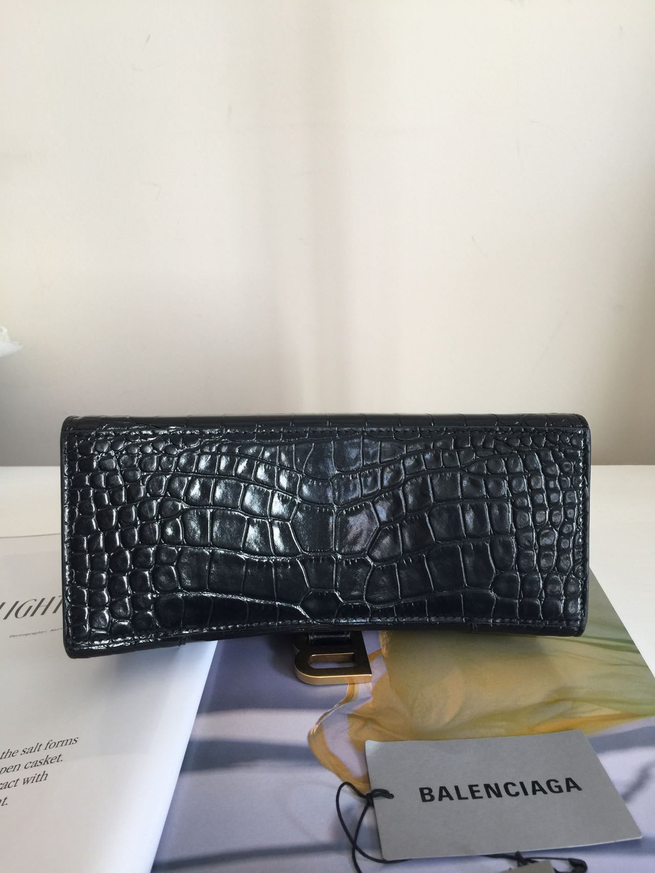 BALENCIAGA Hourglass Calfskin Crocodile Embossed Small Top Handle Bag Black
