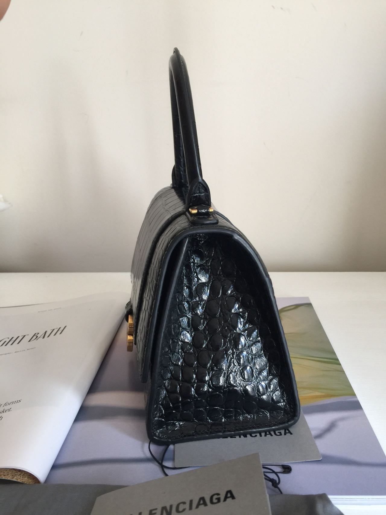 BALENCIAGA Hourglass Calfskin Crocodile Embossed Small Top Handle Bag Black