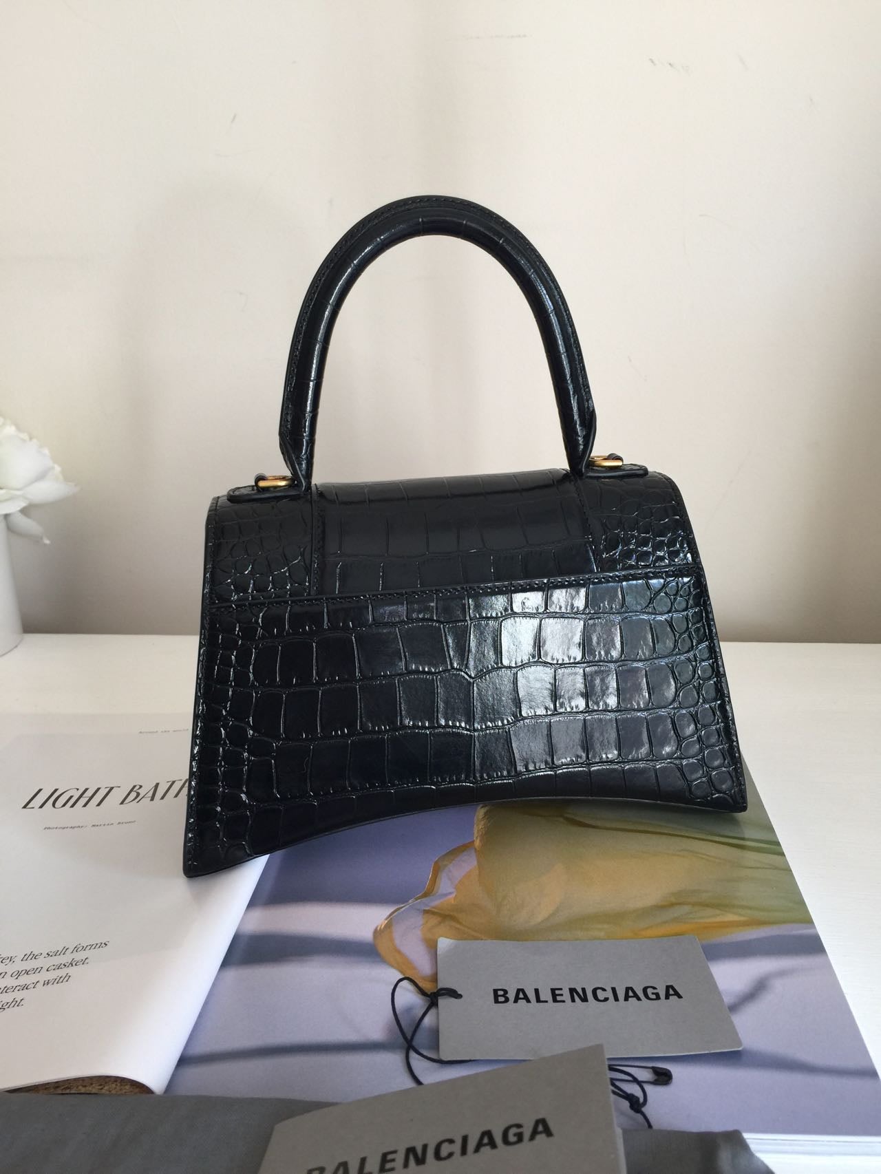 BALENCIAGA Hourglass Calfskin Crocodile Embossed Small Top Handle Bag Black
