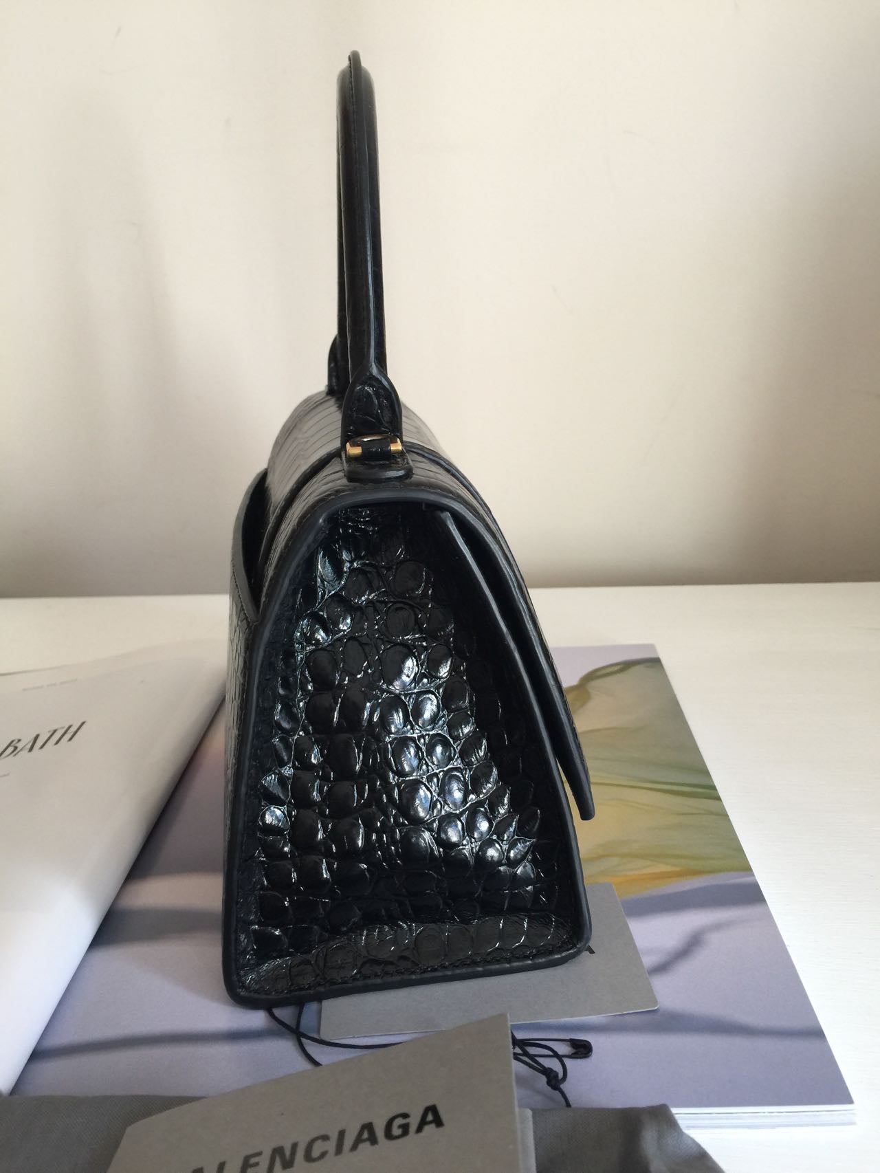 BALENCIAGA Hourglass Calfskin Crocodile Embossed Small Top Handle Bag Black