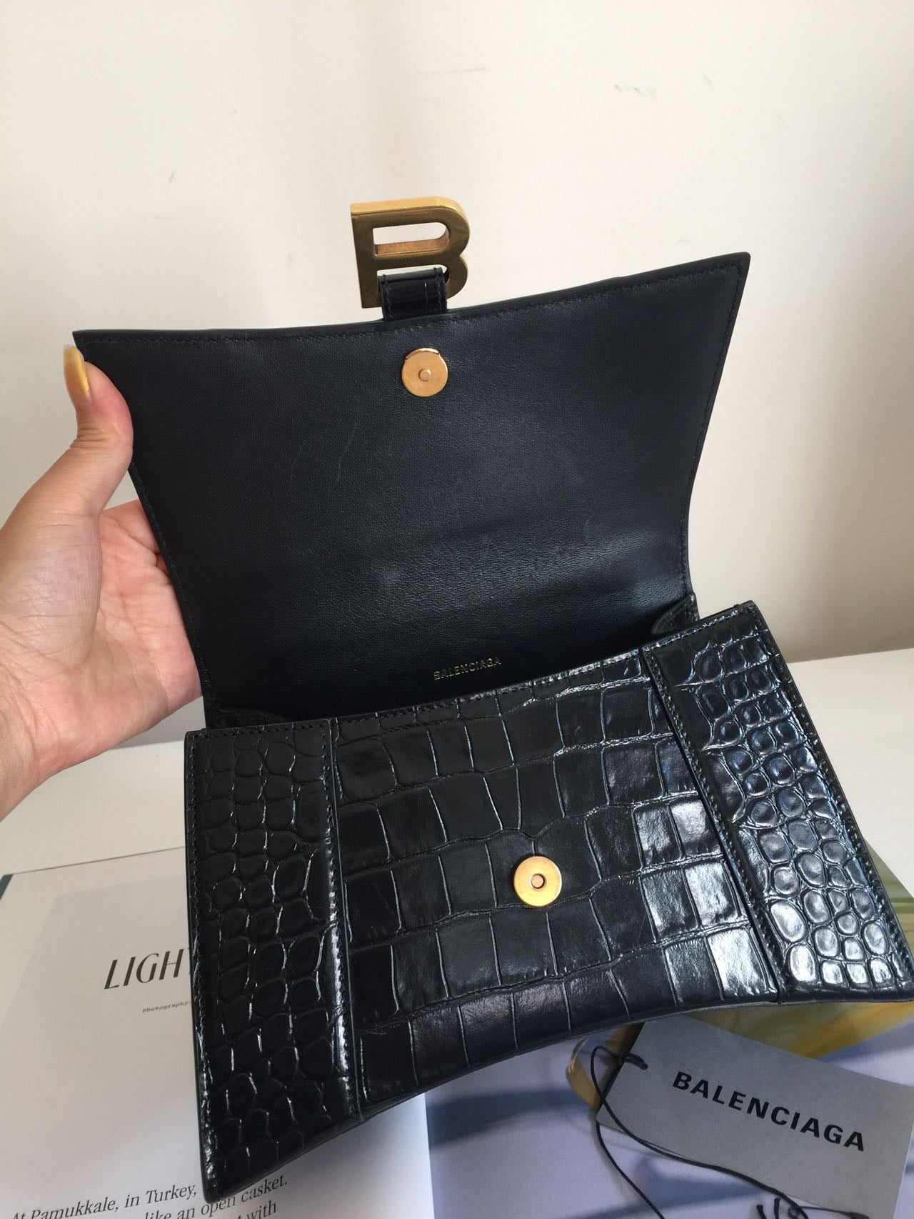 BALENCIAGA Hourglass Calfskin Crocodile Embossed Small Top Handle Bag Black
