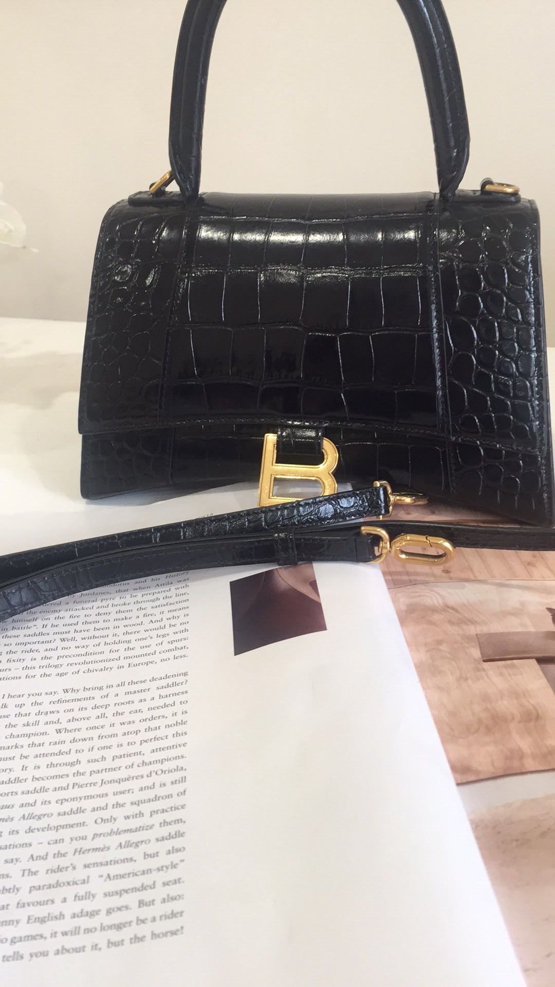 BALENCIAGA Hourglass Calfskin Crocodile Embossed Small Top Handle Bag Black
