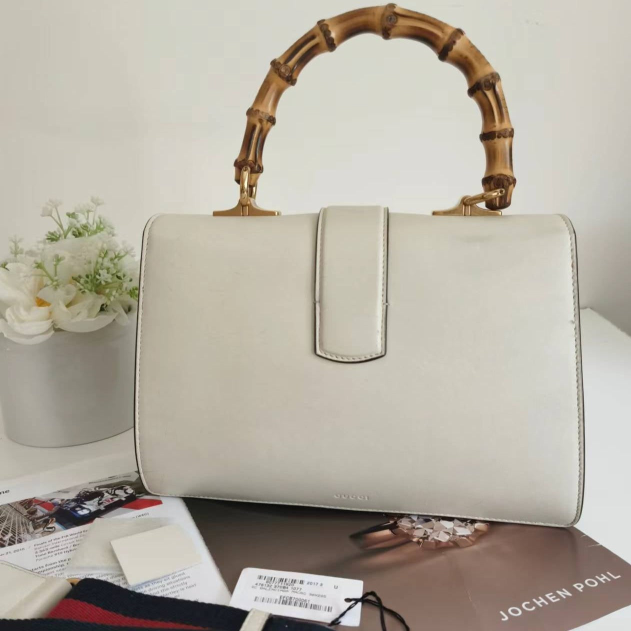 GUCCI Calfskin Bamboo Web Medium Dionysus Top Handle Bag White Blue Hibiscus Red - luxhub.ca