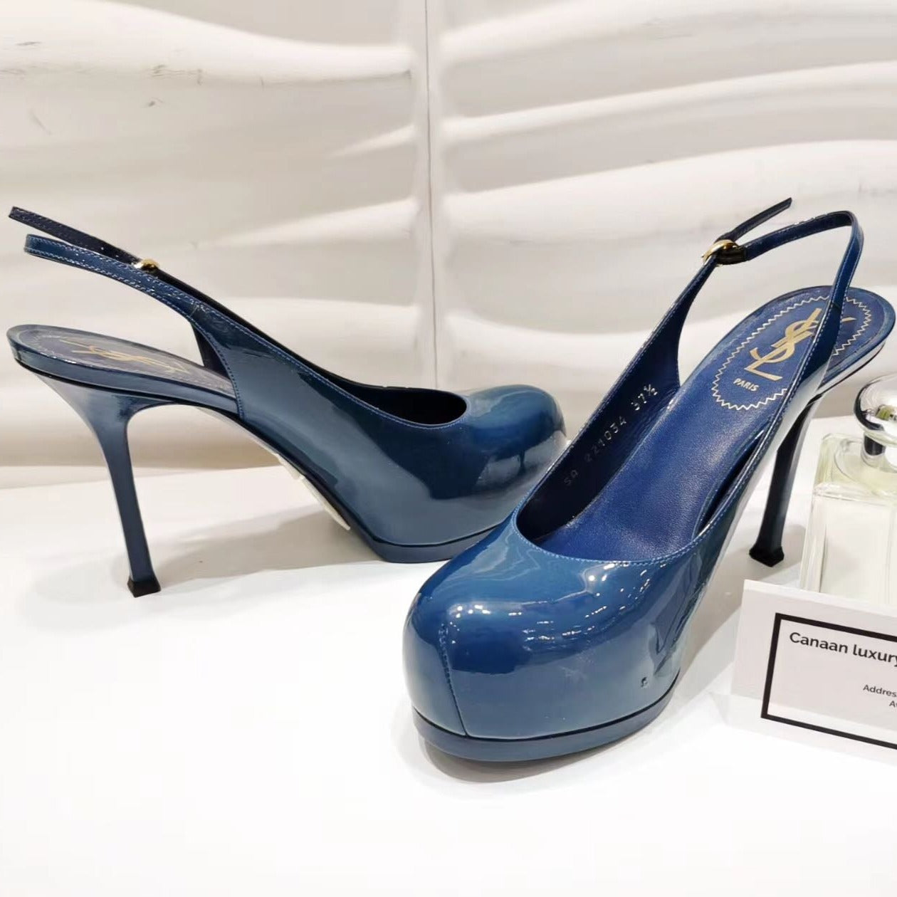 Saint Laurent YSL Vitello Vernice Slingback Platform Pumps 37.5