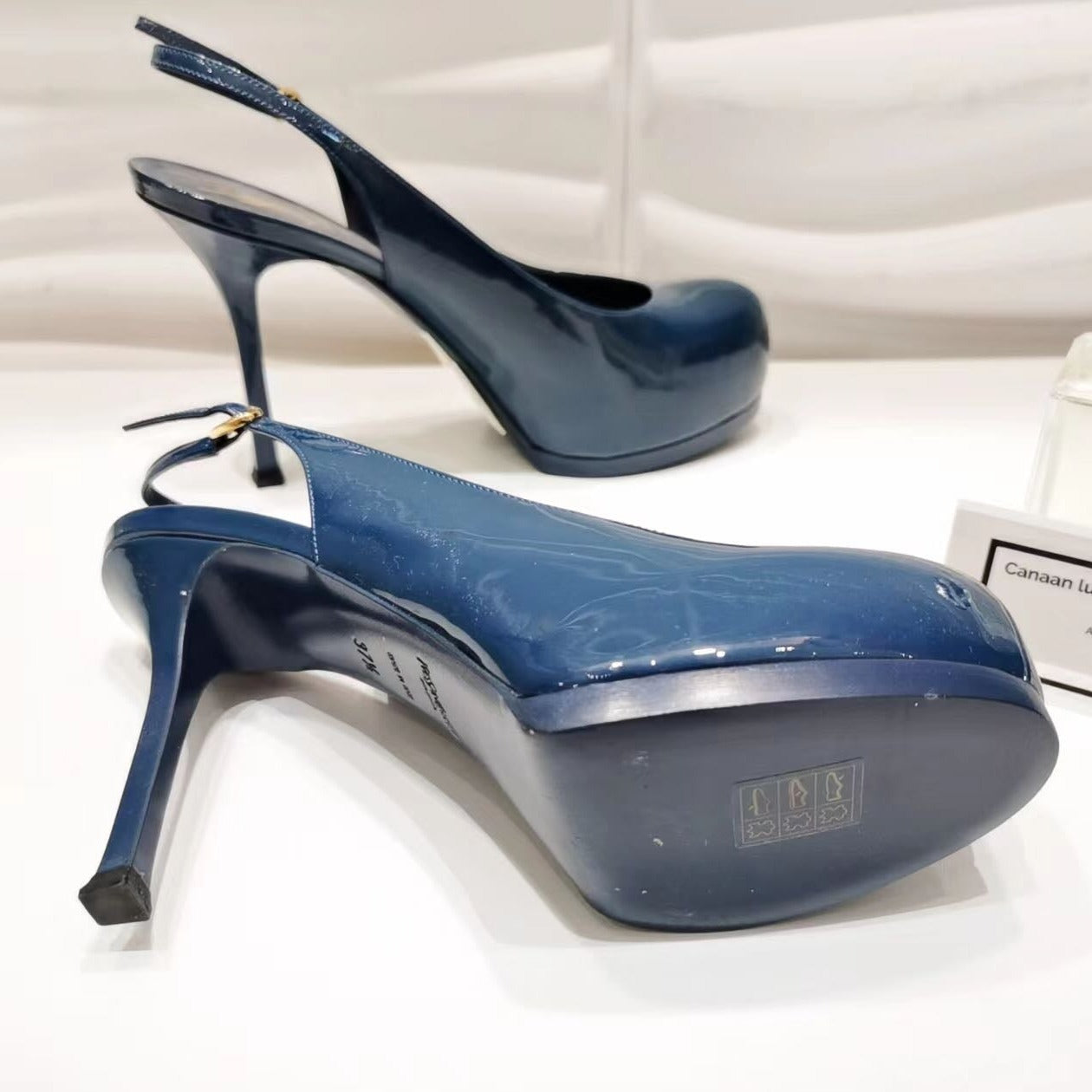 Saint Laurent YSL Vitello Vernice Slingback Platform Pumps 37.5