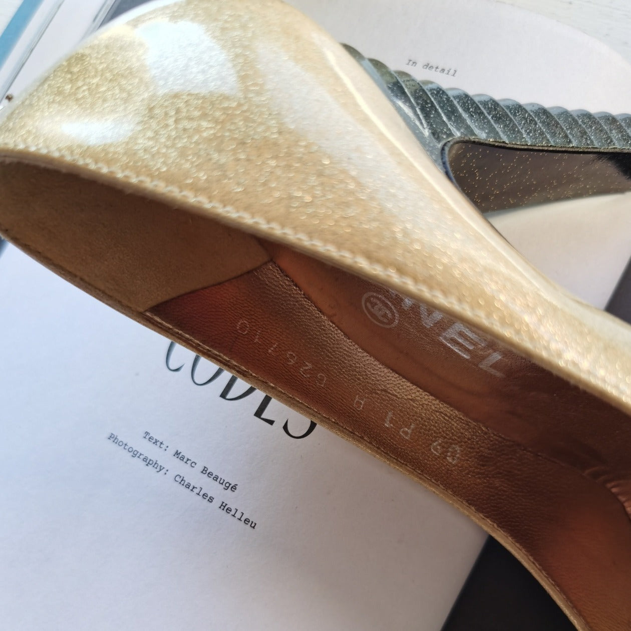 Chanel Beige Black Patent Leather Glitter Platform Heels Size 36.5