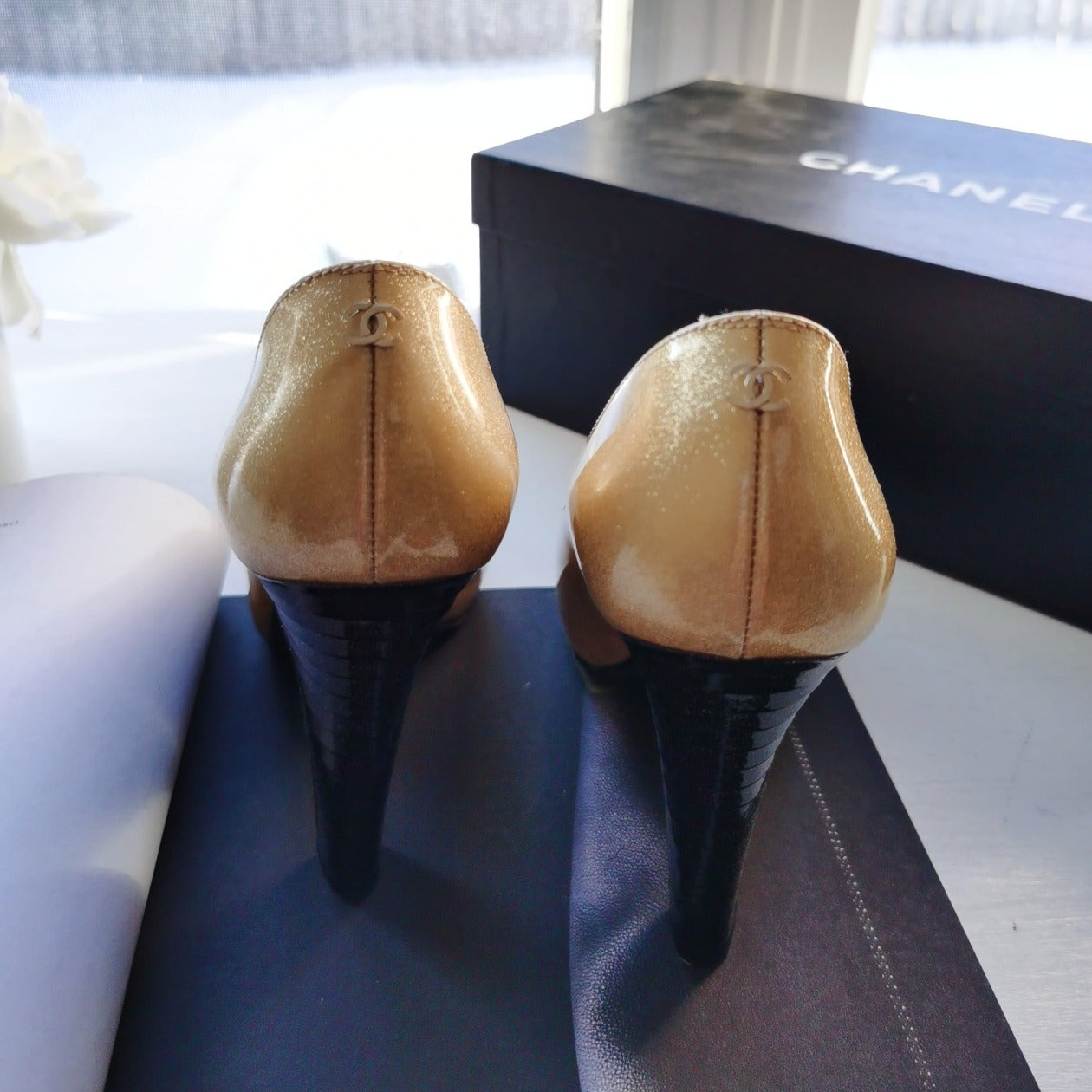 Chanel Beige Black Patent Leather Glitter Platform Heels Size 36.5