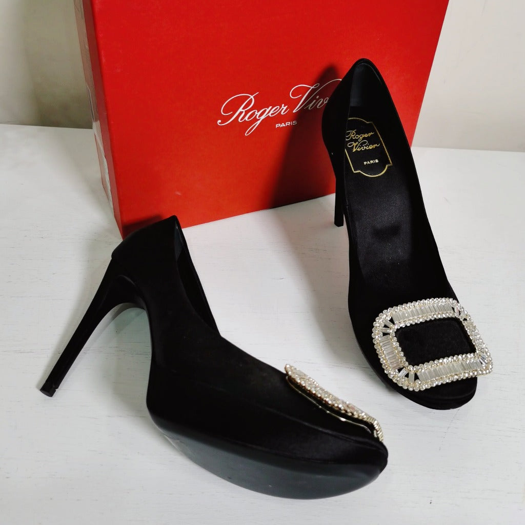 Roger Vivier Satin Crystal Embellishments Pumps Black Size38