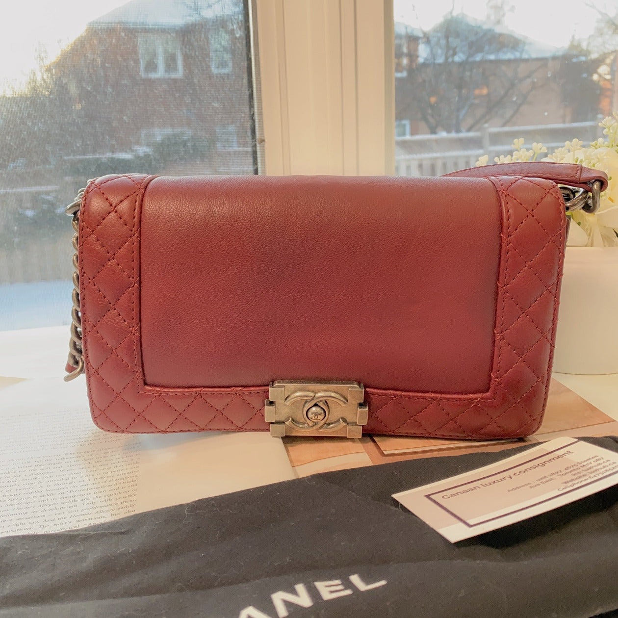 Chanel Medium Le Boy Burgundy Calfskin Silver Bag