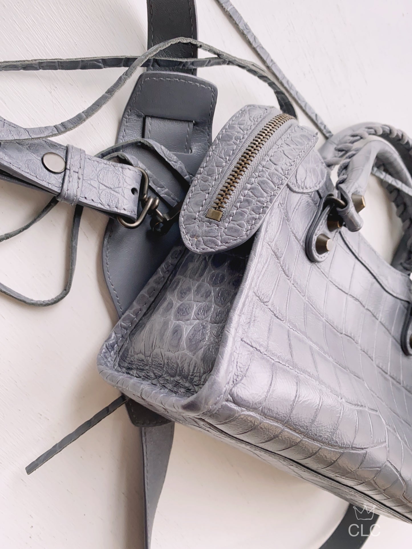 Balenciaga Grey Croc Embossed Leather RH Hardware Mini City Bag