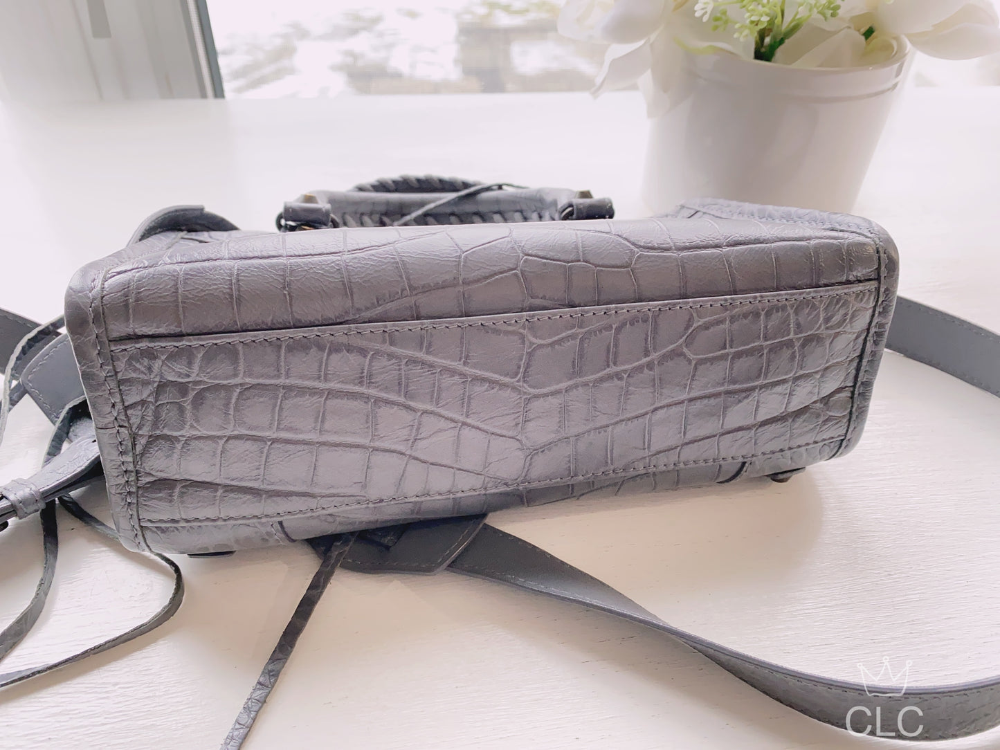 Balenciaga Grey Croc Embossed Leather RH Hardware Mini City Bag