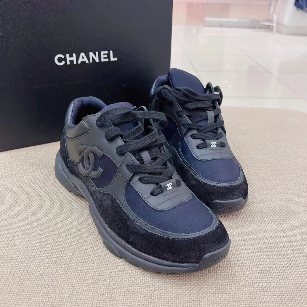 Chanel Interlocking CC Logo Suede Athletic Sneakers Black Trainers Size39.5
