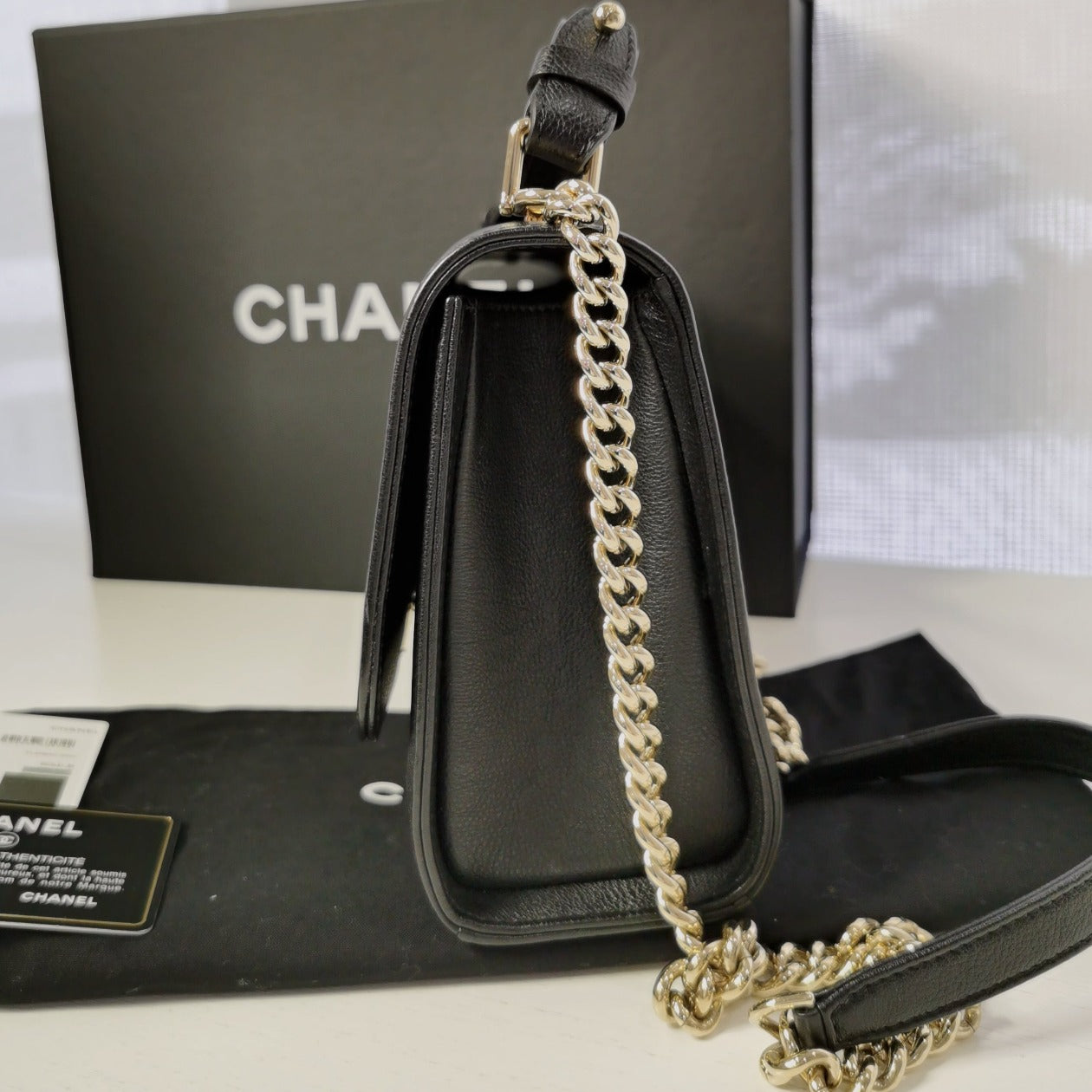 Chanel Quilted Caviar Label Click Flap Leather Top Handle Bag Black