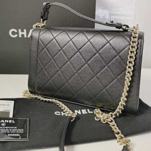 Chanel Quilted Caviar Label Click Flap Leather Top Handle Bag Black