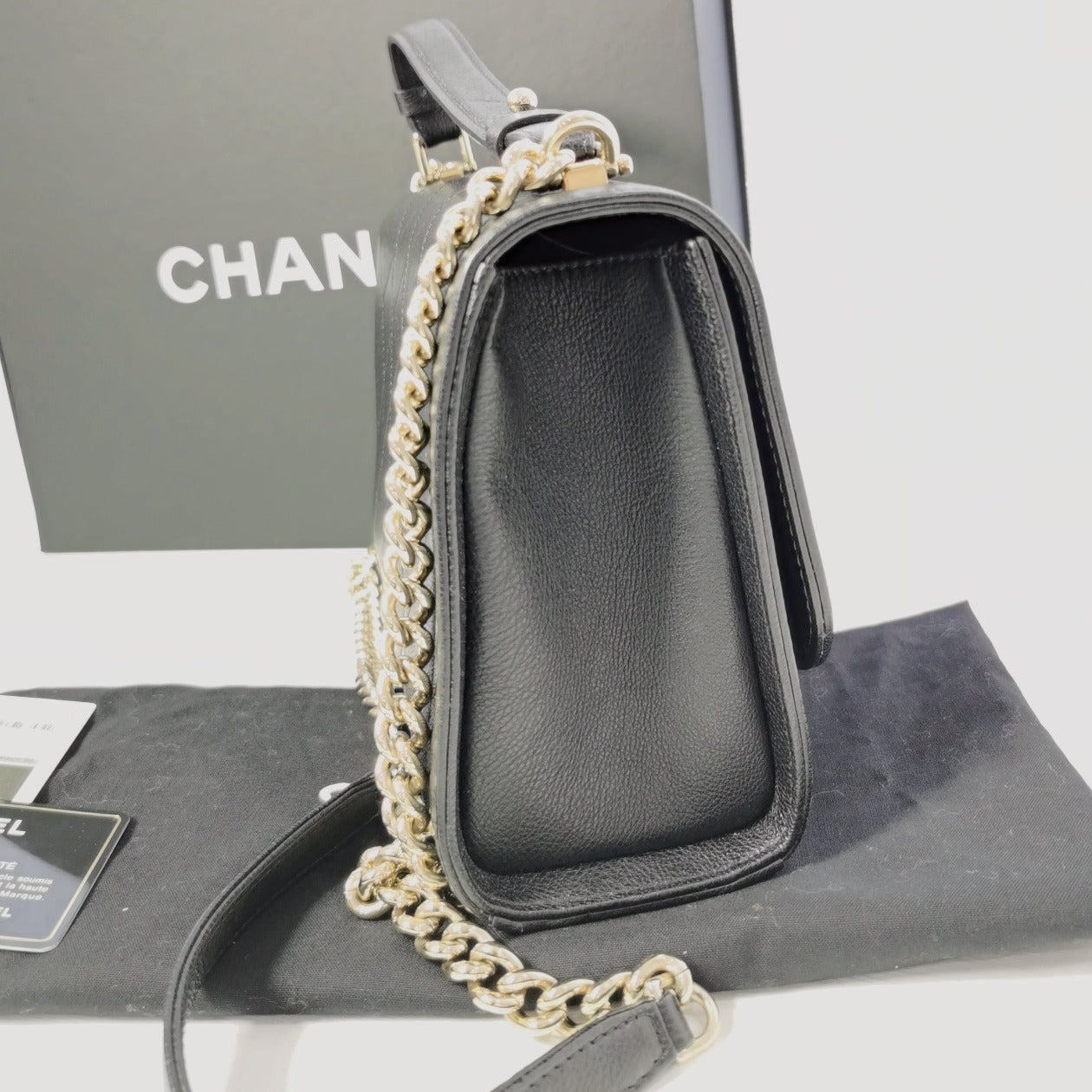 Chanel Quilted Caviar Label Click Flap Leather Top Handle Bag Black