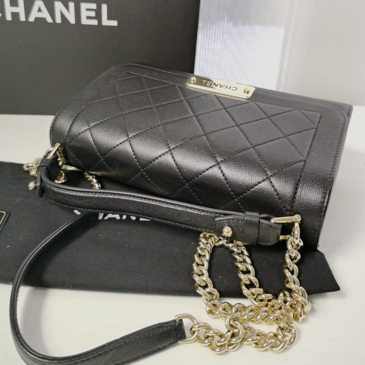 Chanel Quilted Caviar Label Click Flap Leather Top Handle Bag Black