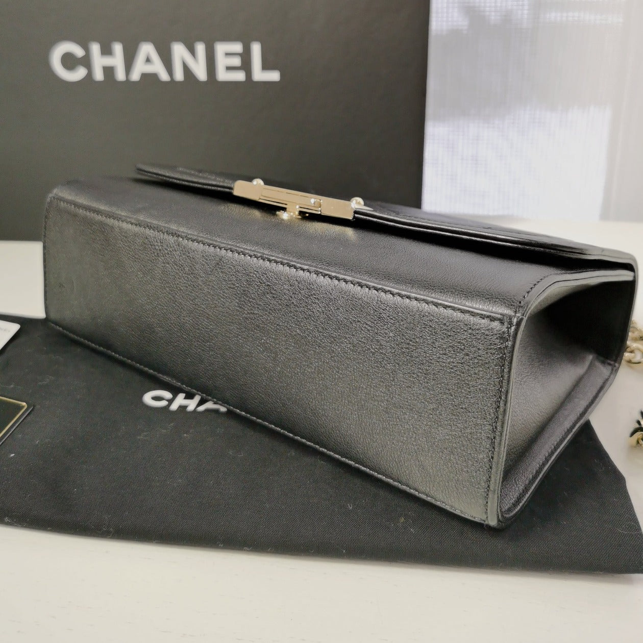 Chanel Quilted Caviar Label Click Flap Leather Top Handle Bag Black