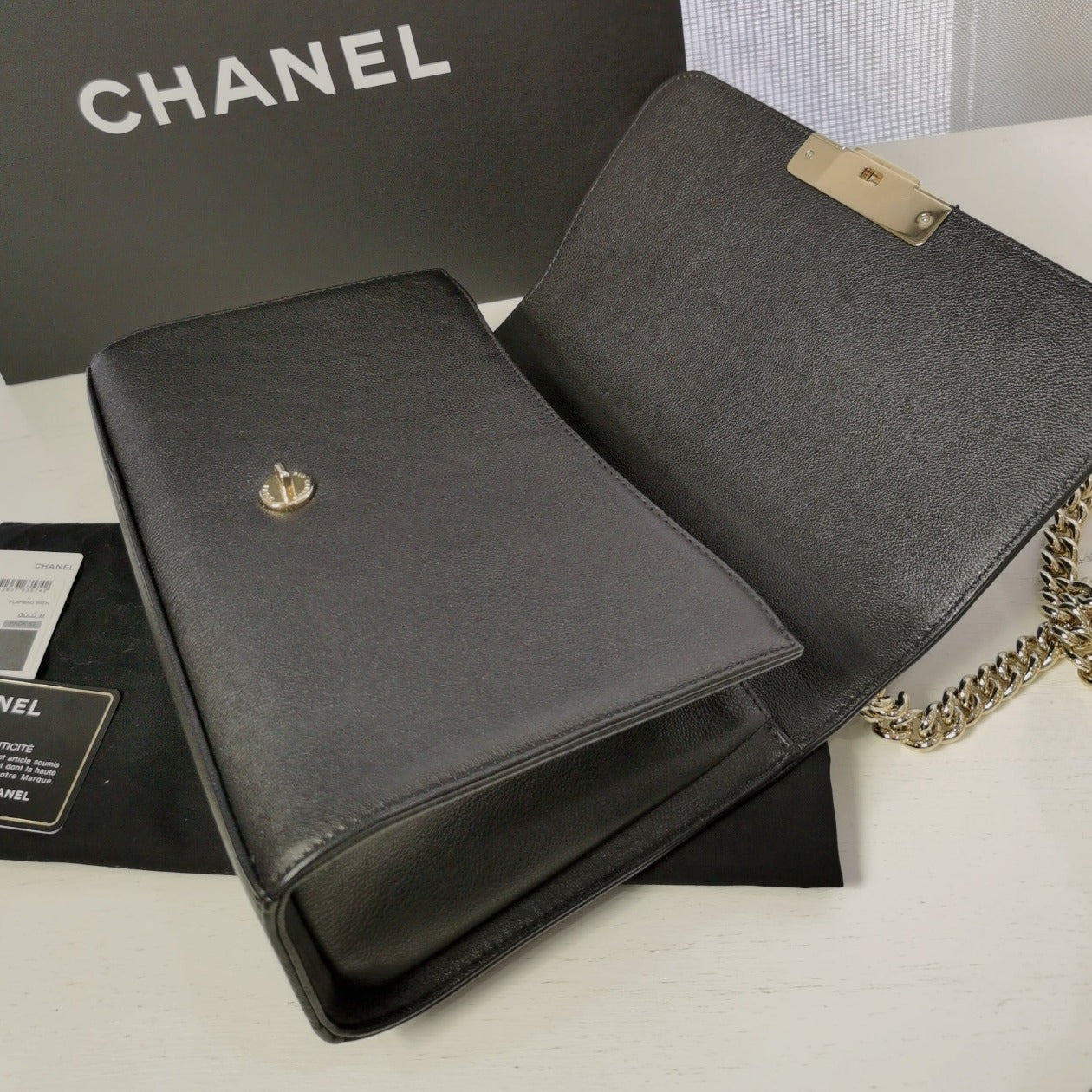 Chanel Quilted Caviar Label Click Flap Leather Top Handle Bag Black