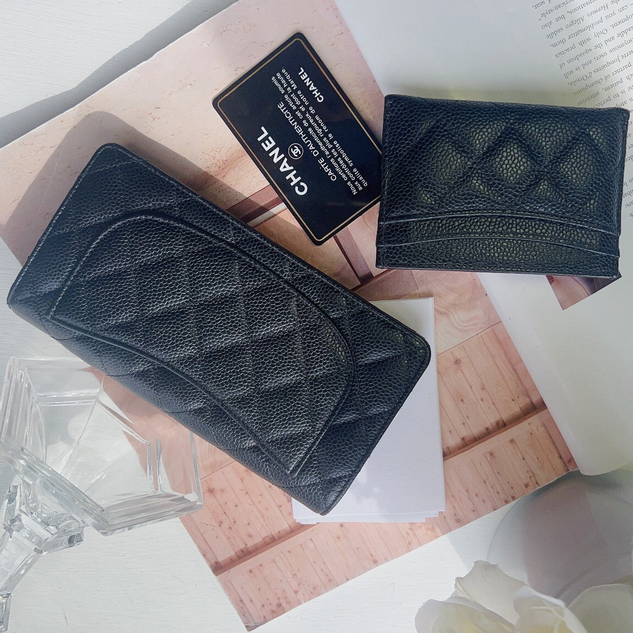 Chanel Caviar Long Flap Wallet Black Gold