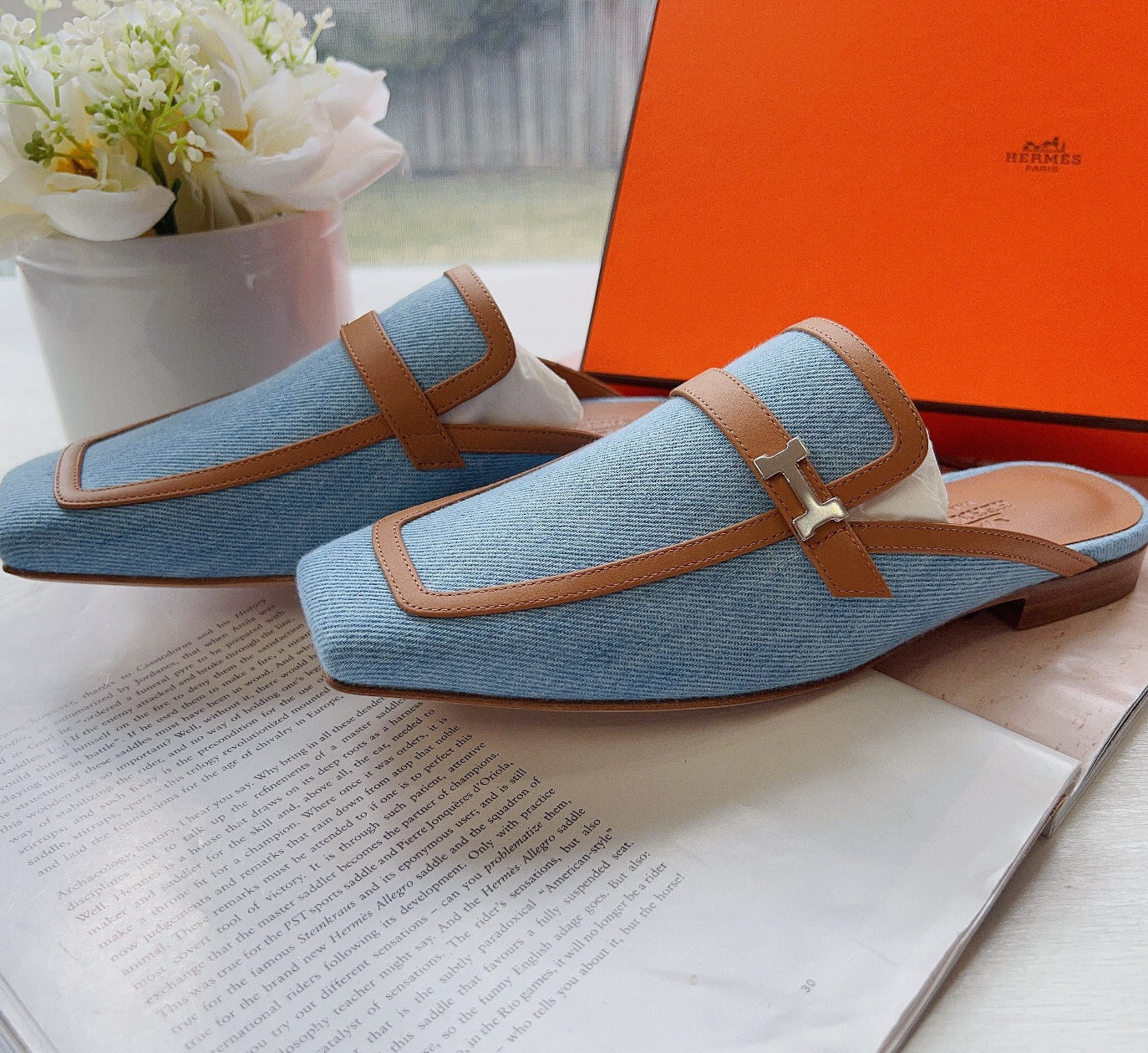 Hermes Grub Moore Denim Leather Slipper