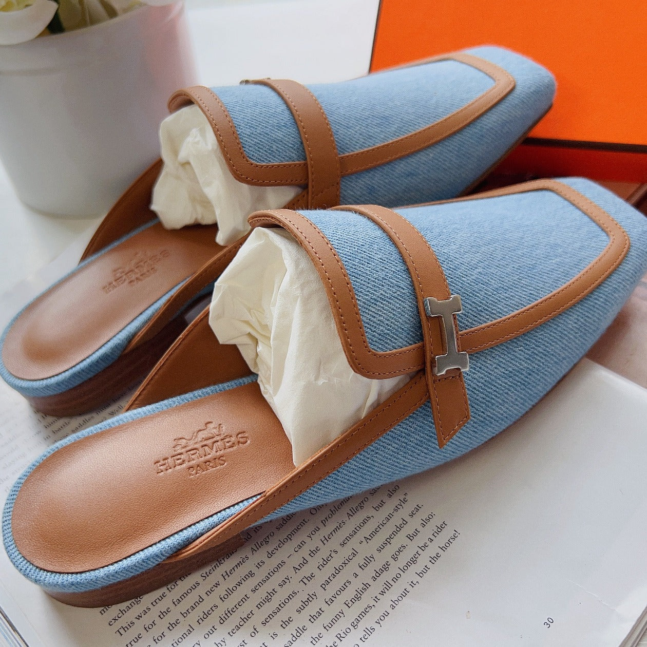 Hermes Grub Moore Denim Leather Slipper Size36 New