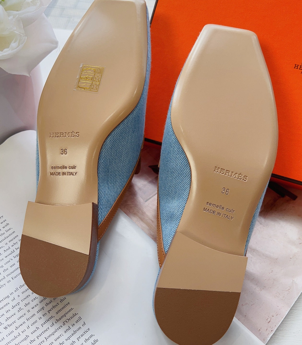 Hermès Grub Moore Denim Leather Slipper Size36 New
