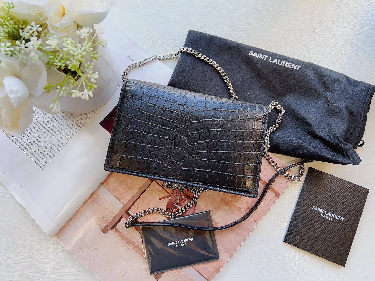 Saint Laurent Croc-Embossed Kate Crossbody Chain Wallet