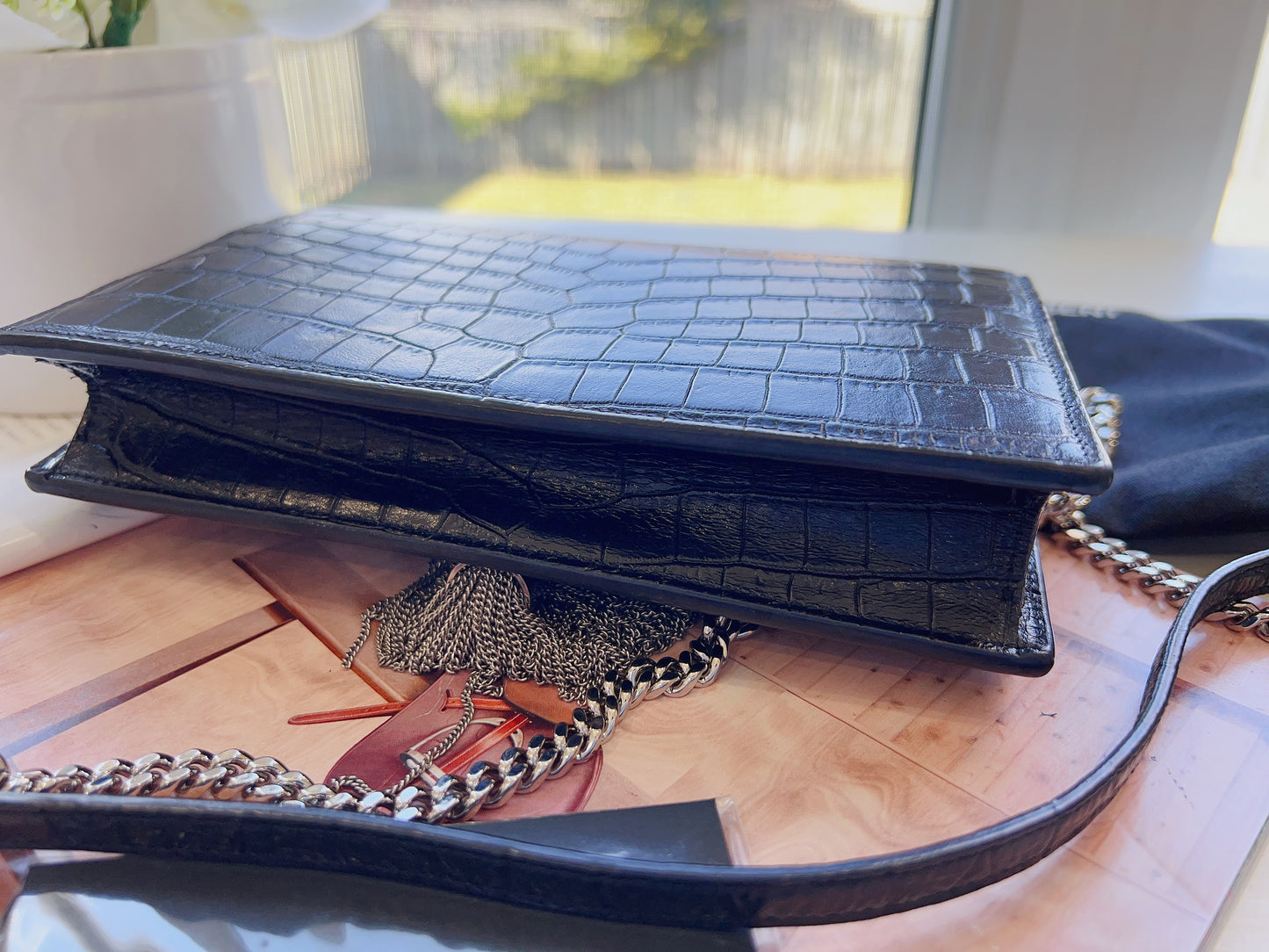 Saint Laurent Croc-Embossed Kate Crossbody Chain Wallet