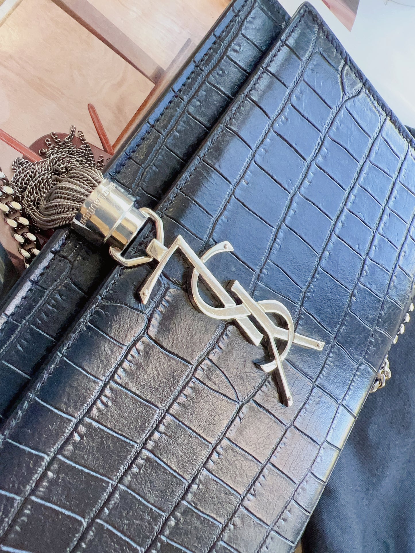 Saint Laurent Croc-Embossed Kate Crossbody Chain Wallet