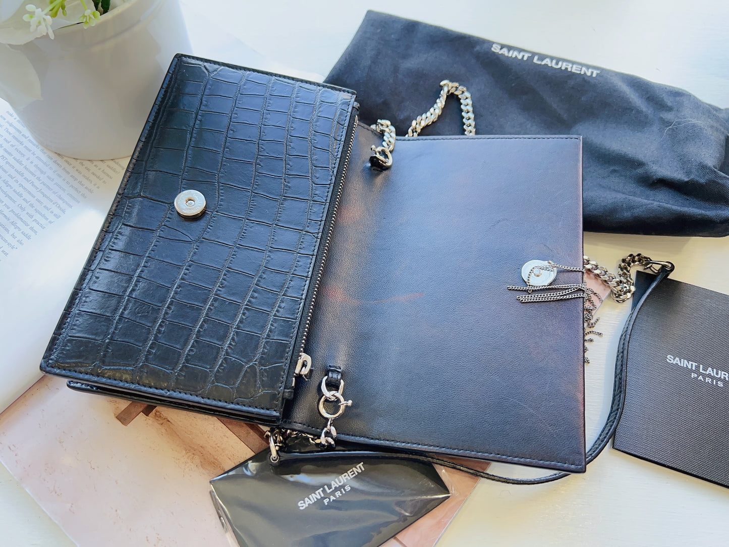 Saint Laurent Croc-Embossed Kate Crossbody Chain Wallet