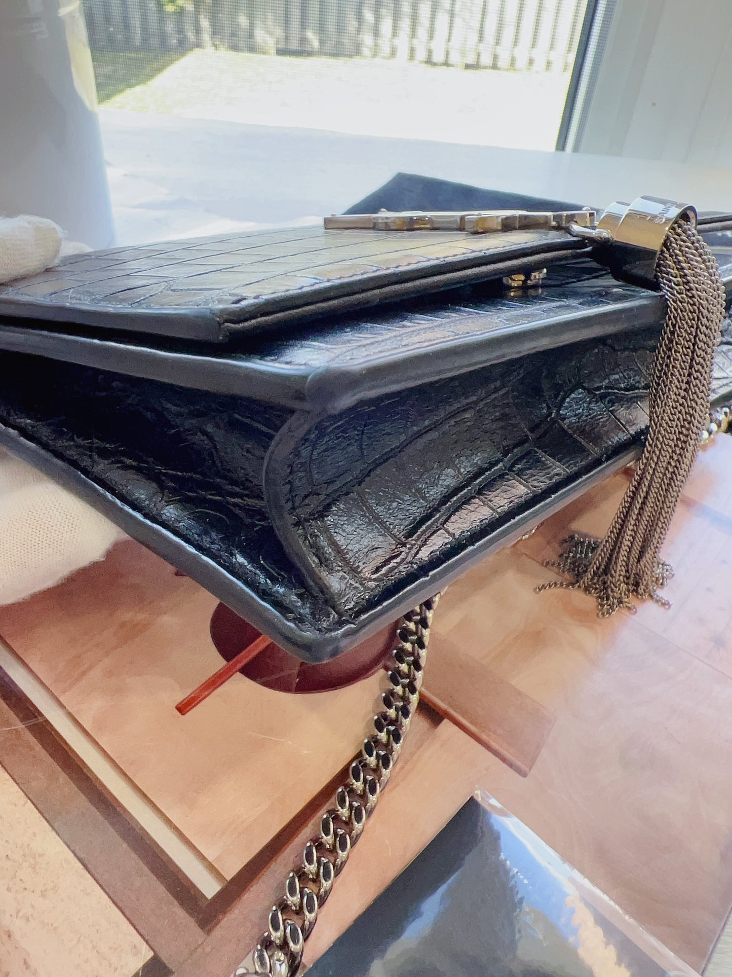 Saint Laurent Croc-Embossed Kate Crossbody Chain Wallet