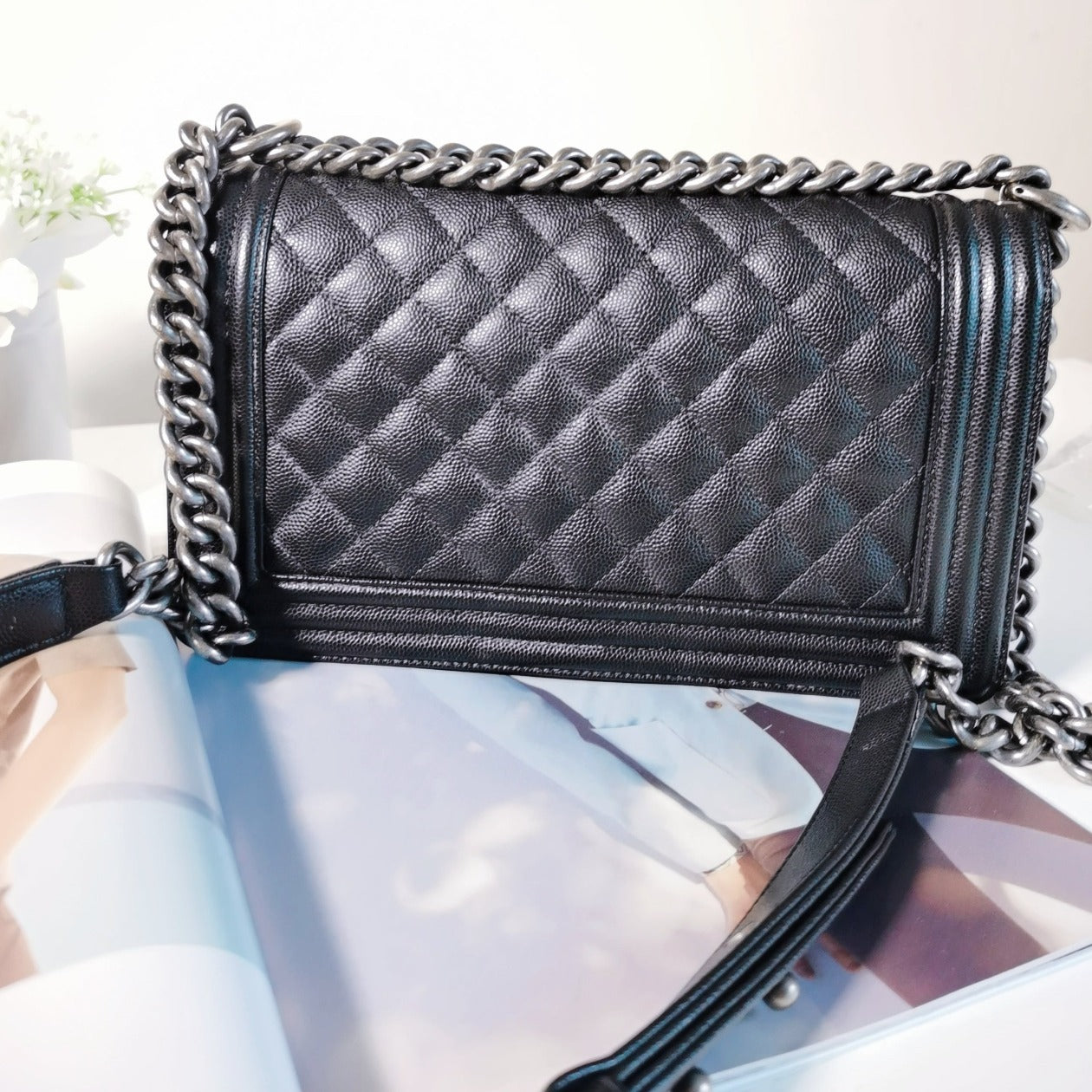 Chanel Microchipped Caviar Quilted Medium Boy Black Silver