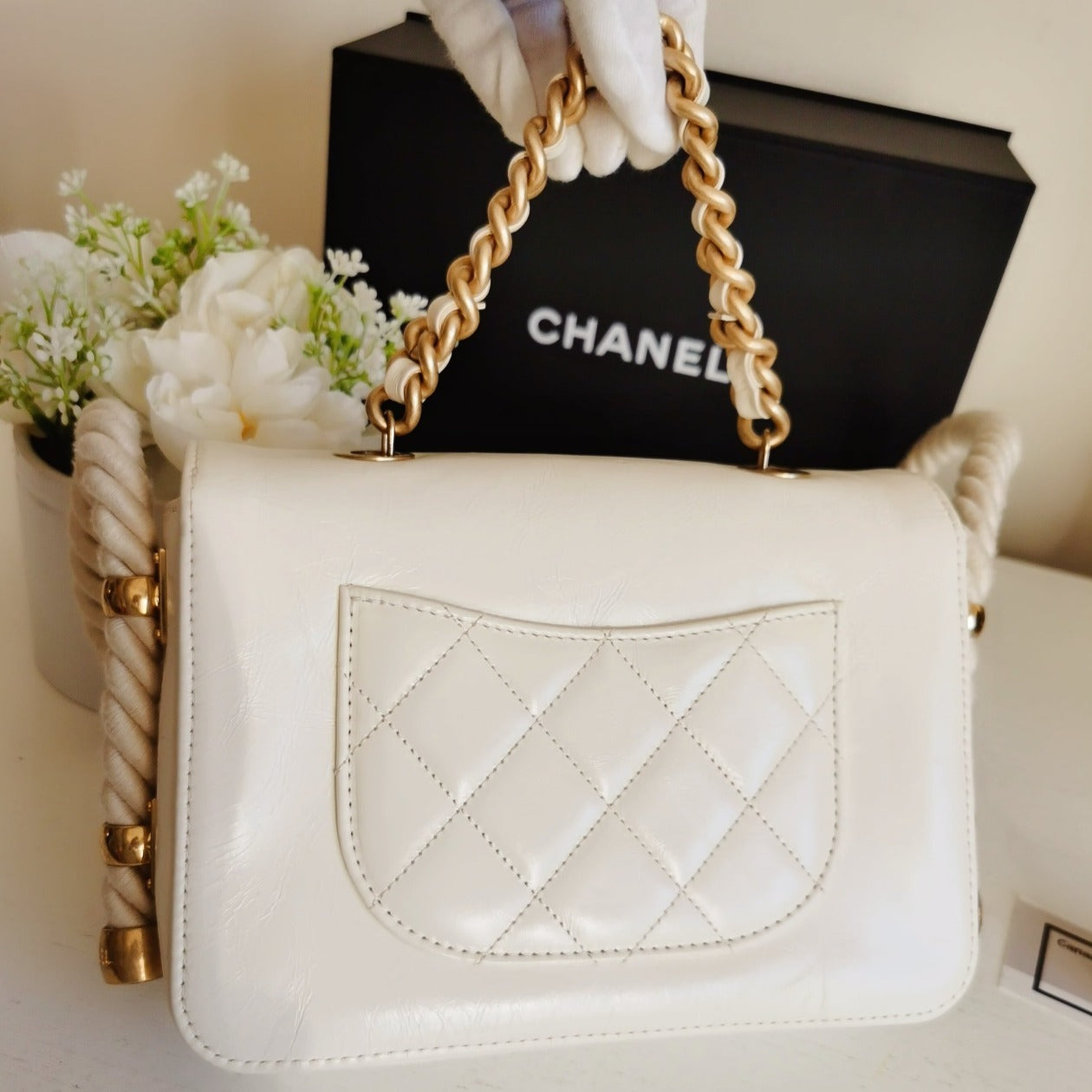 CHANEL Crinkled Calfskin Rope Flap White