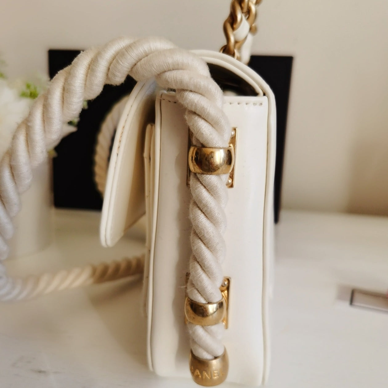 CHANEL Crinkled Calfskin Rope Flap White