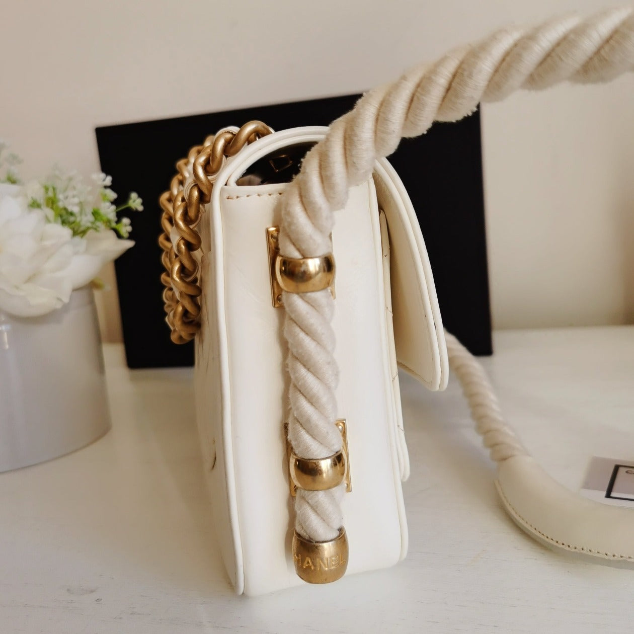 CHANEL Crinkled Calfskin Rope Flap White
