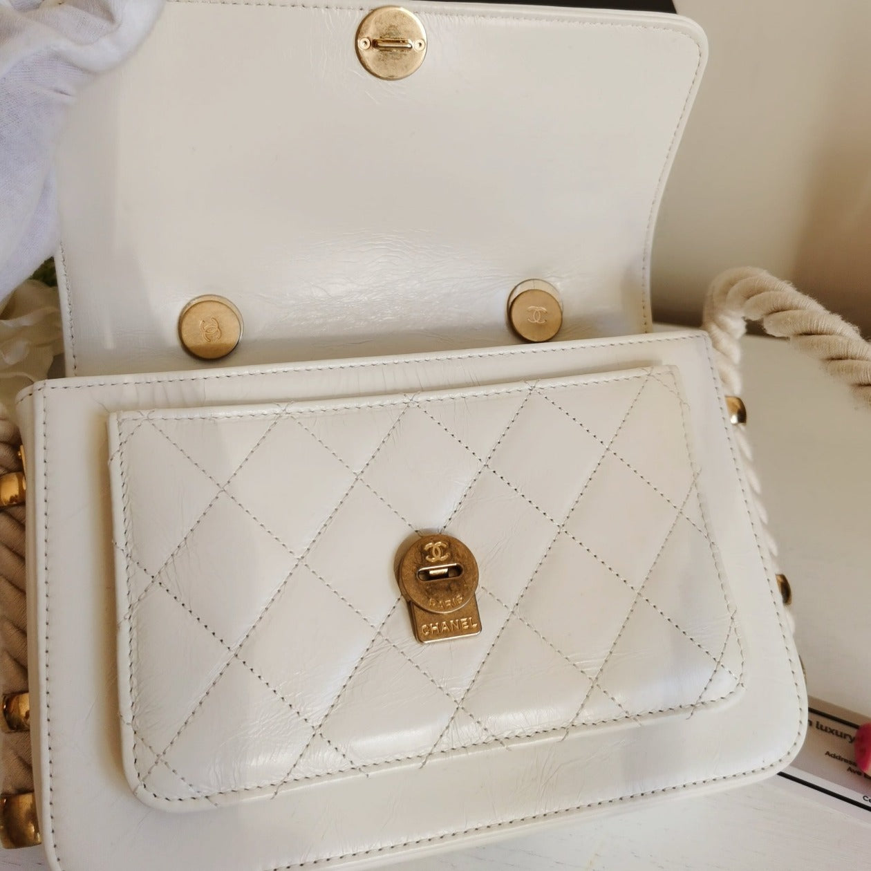 CHANEL Crinkled Calfskin Rope Flap White