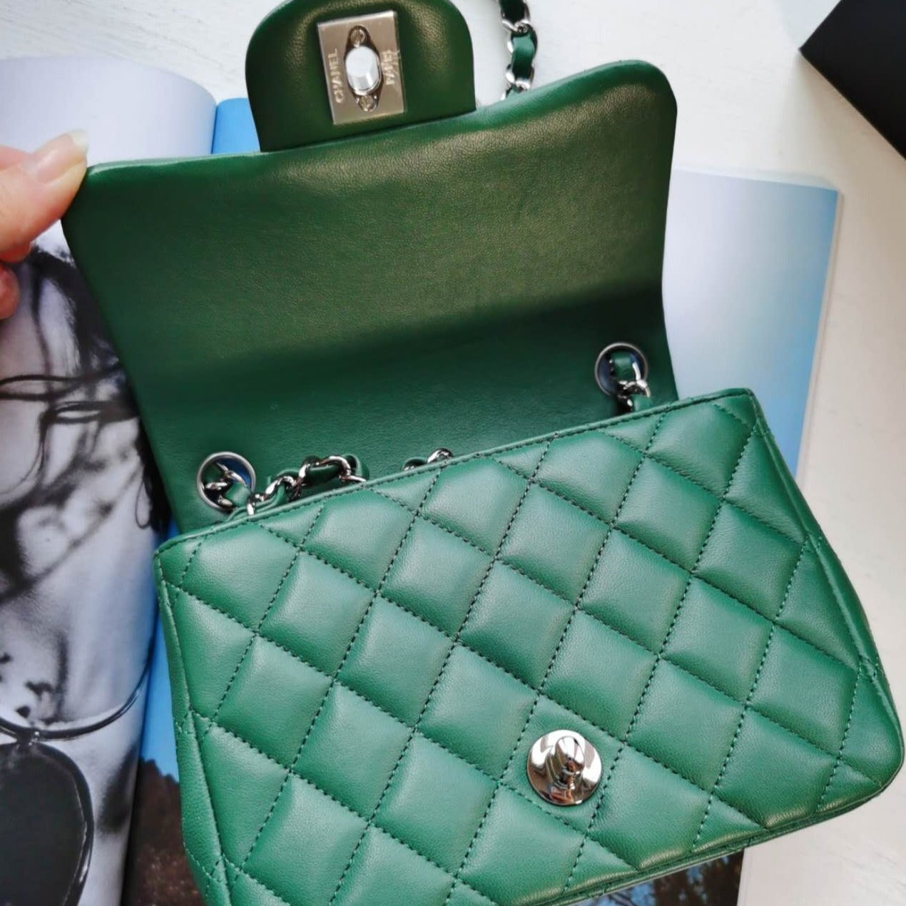 Chanel Mini Square Quilted Flap Bag Green Lambskin Silver Hardware