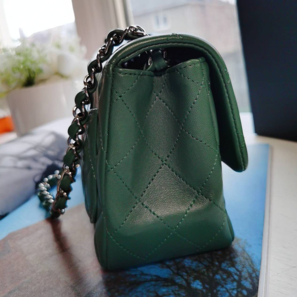 Chanel Mini Square Quilted Flap Bag Green Lambskin Silver Hardware