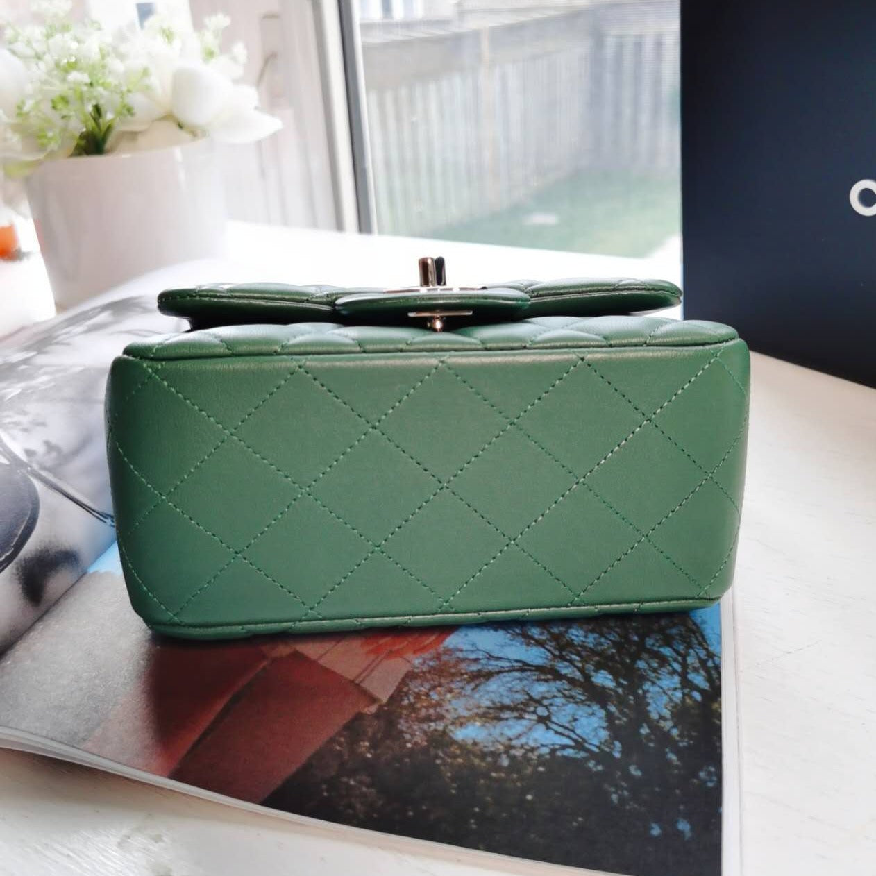 Chanel Mini Square Quilted Flap Bag Green Lambskin Silver Hardware