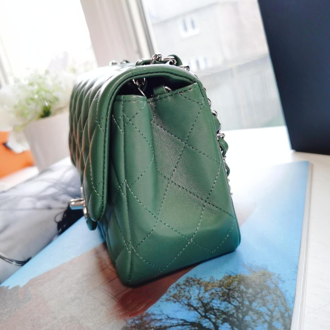 Chanel Mini Square Quilted Flap Bag Green Lambskin Silver Hardware
