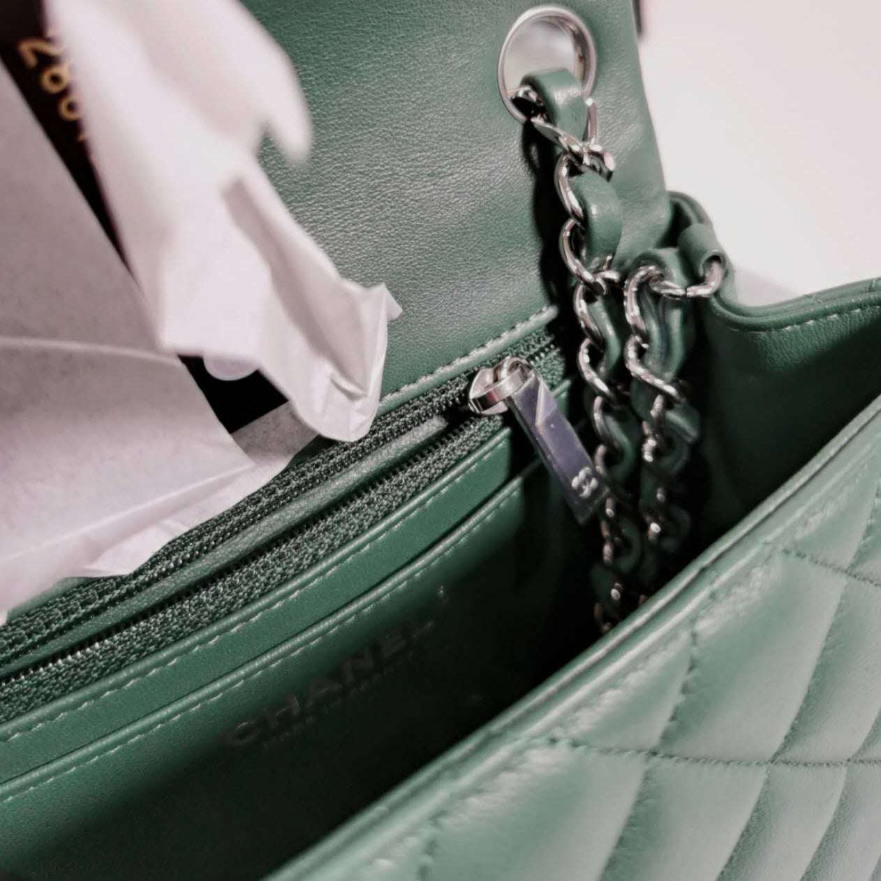Chanel Mini Square Quilted Flap Bag Green Lambskin Silver Hardware