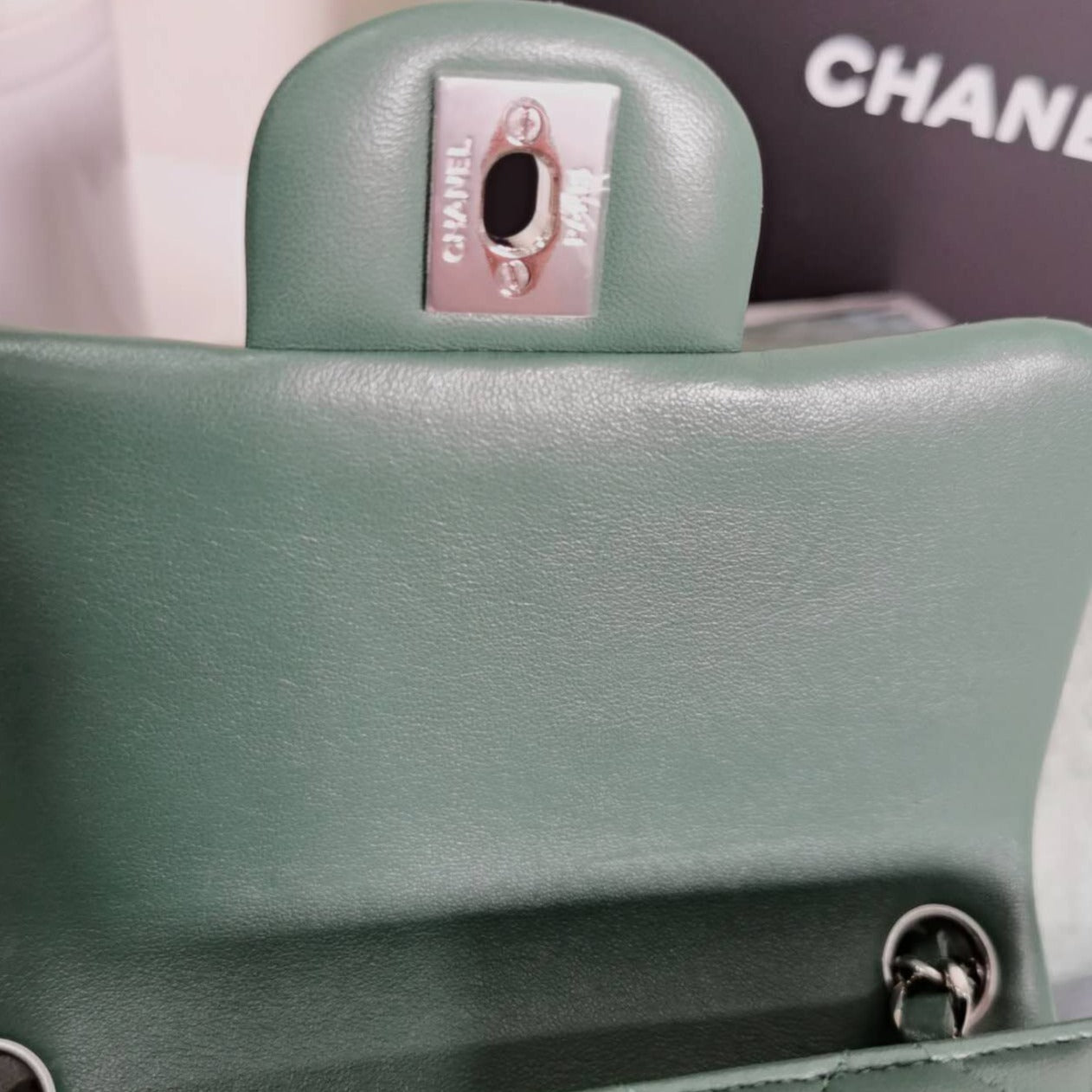 Chanel Mini Square Quilted Flap Bag Green Lambskin Silver Hardware