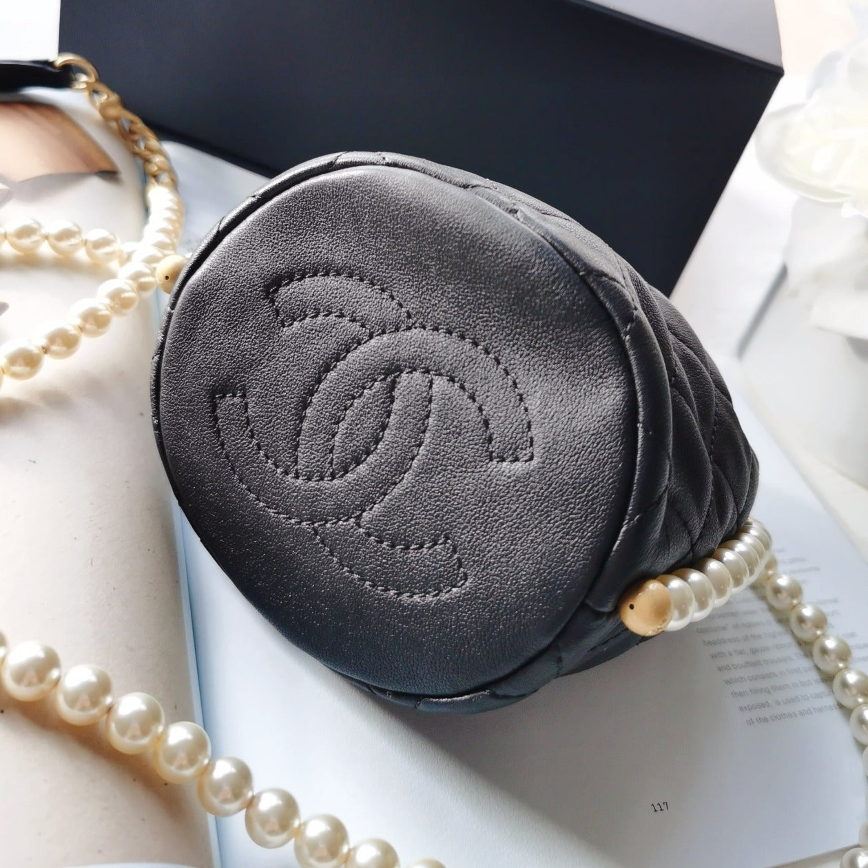 Chanel Calfskin Quilted Pearl Mini About Pearls Drawstring Bucket Bag Black