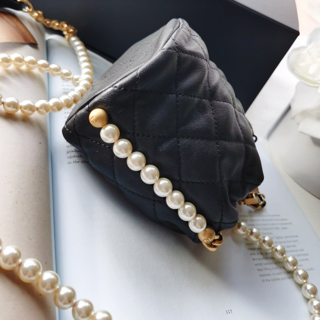 Chanel Calfskin Quilted Pearl Mini About Pearls Drawstring Bucket Bag Black
