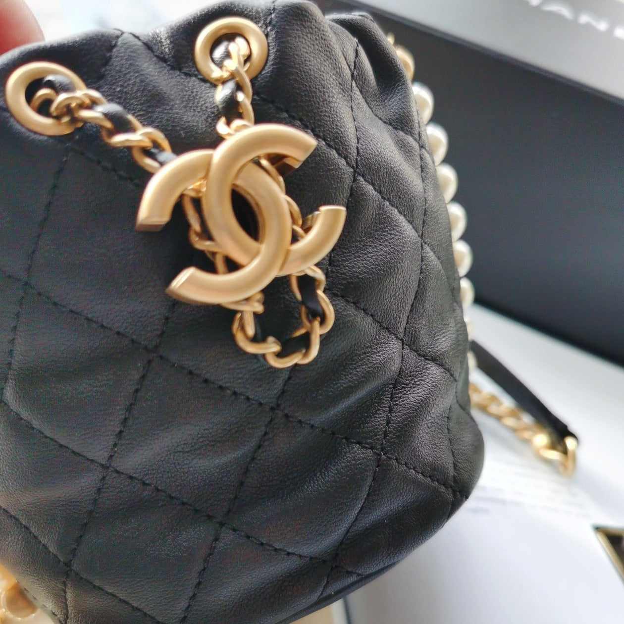 Chanel Calfskin Quilted Pearl Mini About Pearls Drawstring Bucket Bag Black