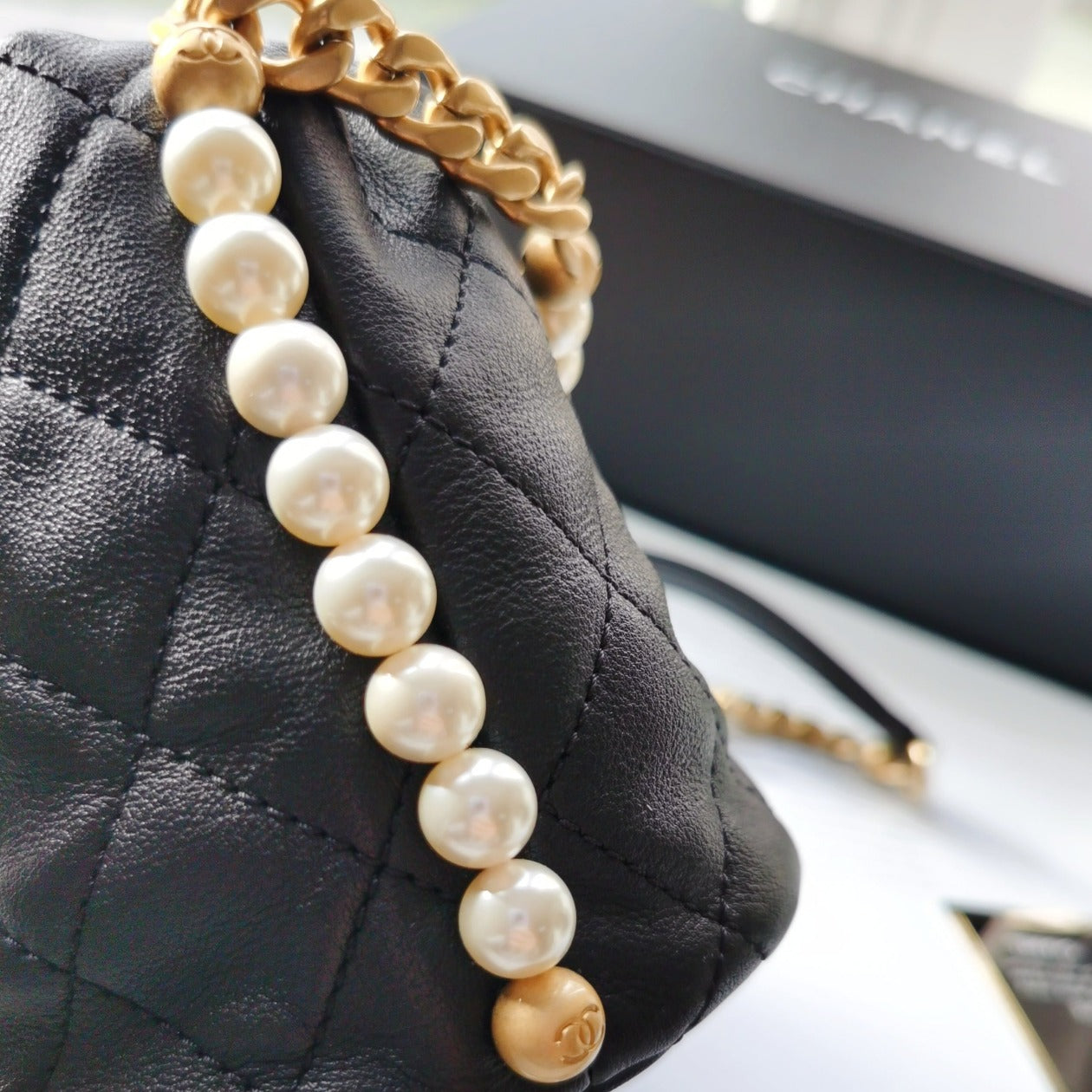 Chanel Calfskin Quilted Pearl Mini About Pearls Drawstring Bucket Bag Black