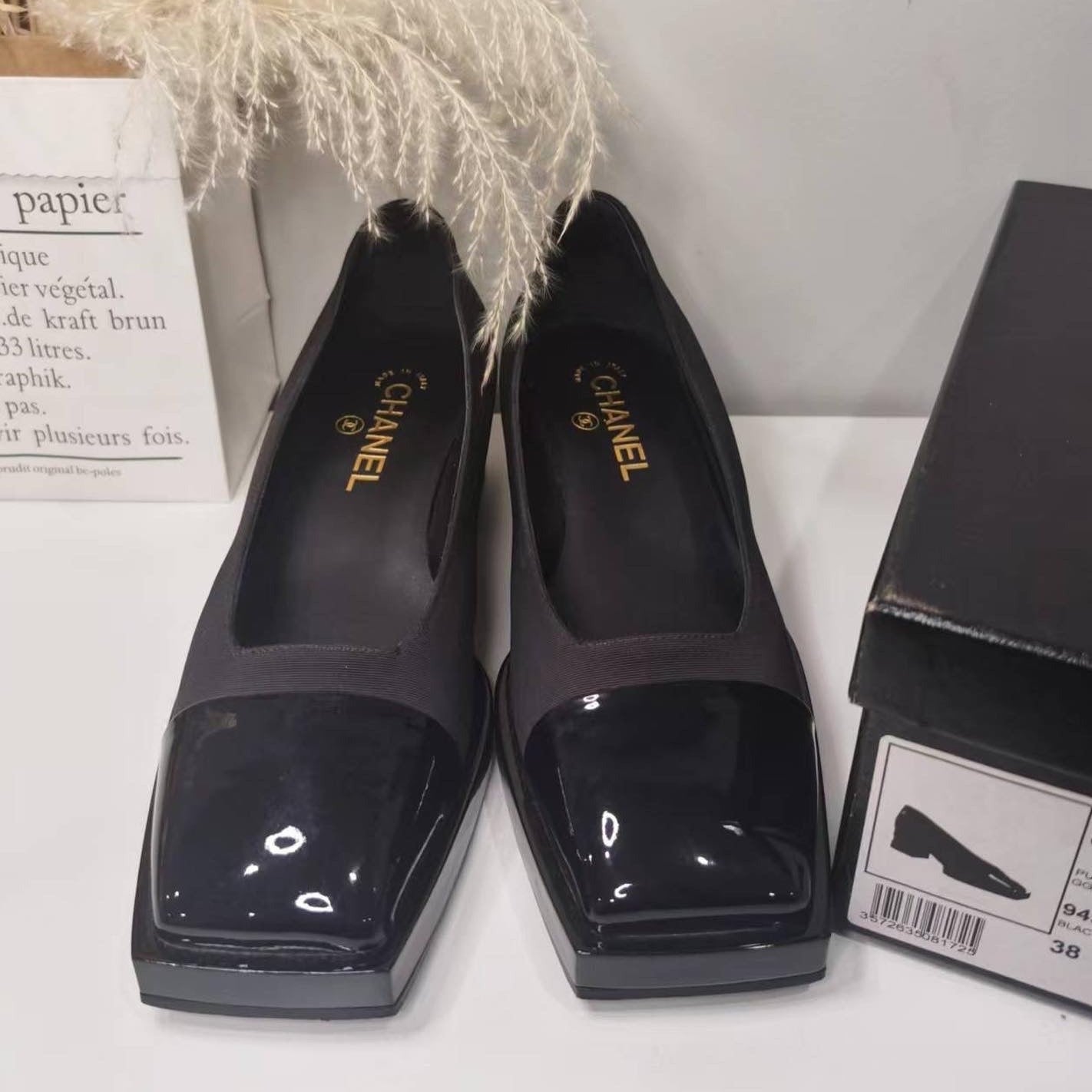 Chanel Black Fabric and Patent Leather Square Cap Toe CC Block Heel