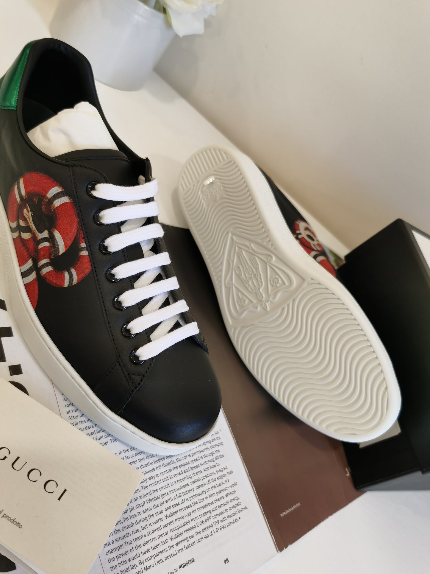 Gucci Calfskin Kingsnake Mens Ace Sneakers 8.5 Black Multicolor
