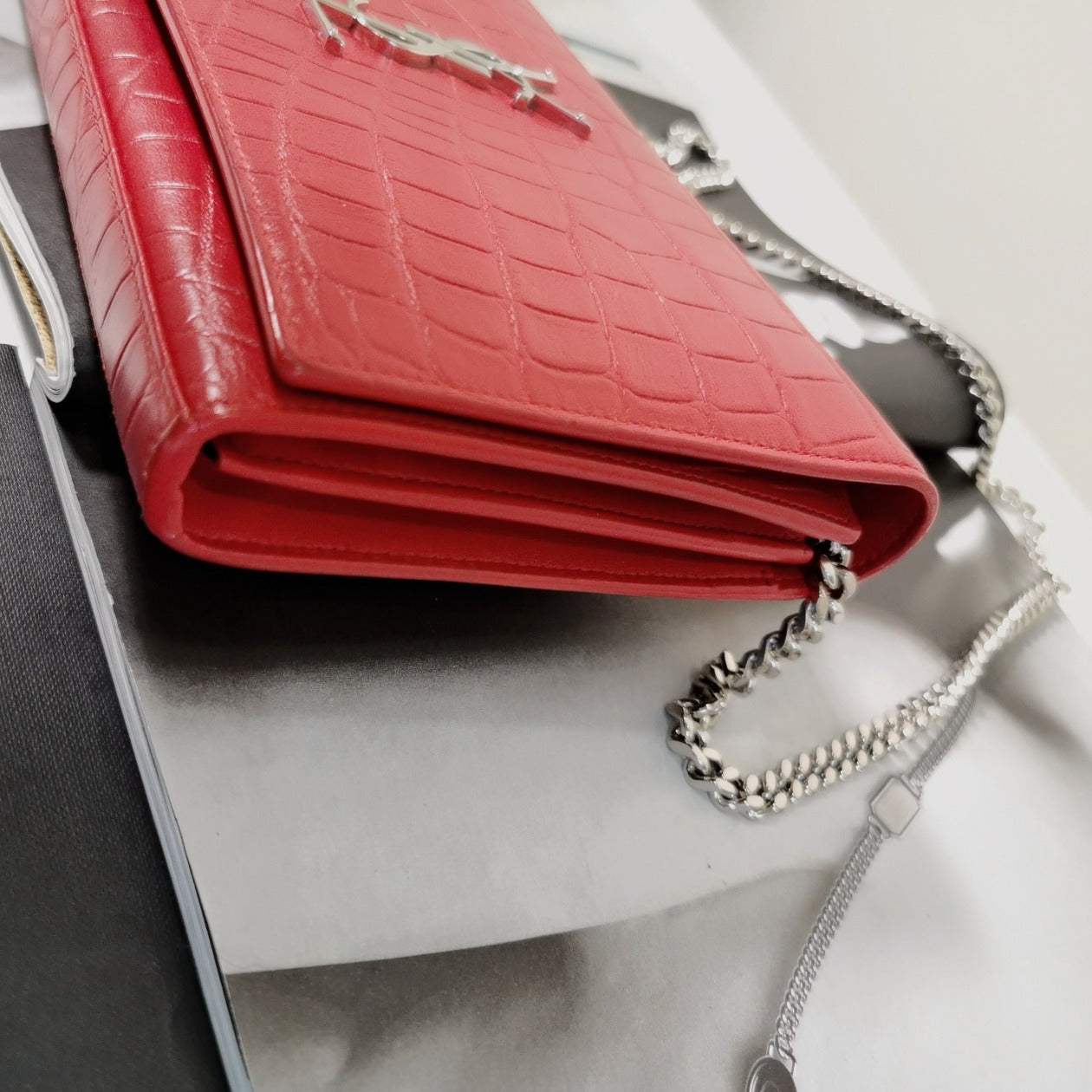 Saint Laurent YSL Logo Croc Embossed Leather Crossbody Bag